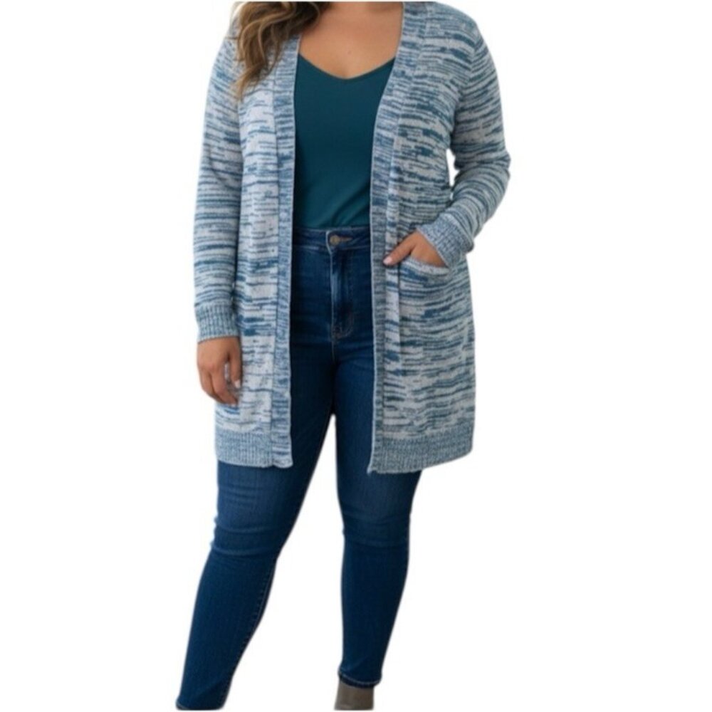 Chicos Blue White Abstract Print Open Knit Long Sleeve Casual Cardigan Size 2